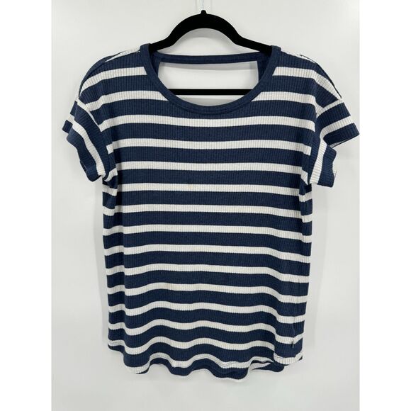 MOUNTAIN HARDWEAR Blue White Striped Keyhole Back Short Sleeve Top Size Large L - Picture 1 of 6